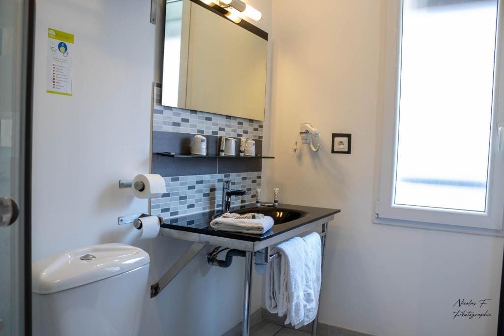 Hôtel de la Cathédrale, salle de bain compacte avec vasque et sèche-cheveux, secteur Centre-ville, Beauvais