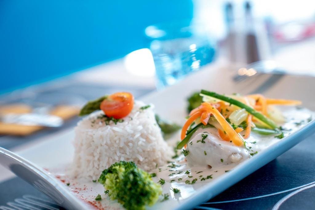 ibis Styles Beauvais, plat du restaurant La Salamandre avec poisson, riz et légumes, secteur Alentours, Beauvais