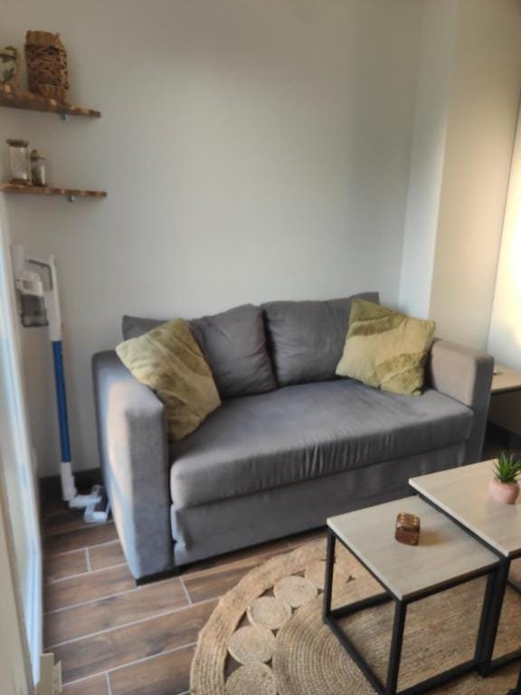 Jungle Loft, canapé et tapis en jute dans le séjour, meublé de tourisme à Tillé, aéroport de Beauvais