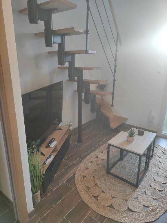 Jungle Loft, escalier hélicoïdal desservant l'étage, meublé de tourisme à Tillé, aéroport de Beauvais